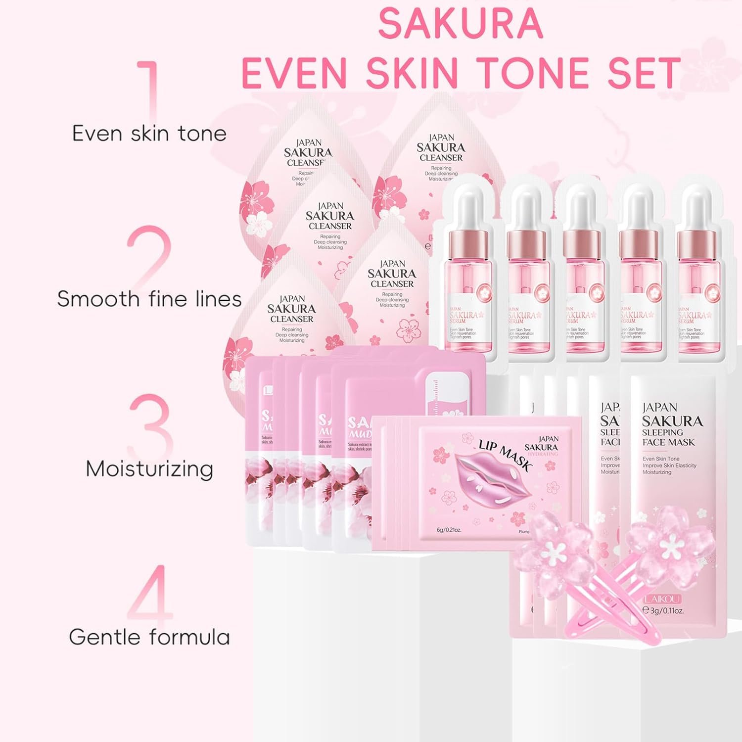 Skin Care Set For Teenagers Girls with Cute Mini Luggage,Sakura Skin Care Sets & Kits,Pamper Sets For Girls Gifts,Skincare Set,Serum,Cleanser,Sleep,Mud Mask,Lip Mask,Hair Pins (One Size, Sakura) - Image 2