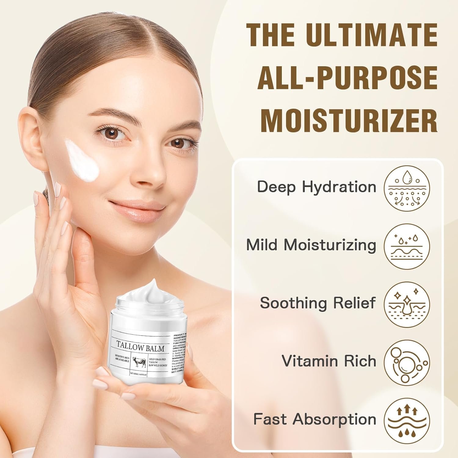 Beef Tallow Skin Care 120g, Tallow Face Cream Grass-Fed Tallow And Honey Balm Natural Beef Tallow Honey Balm, Deeply Nourishing For Face & Body, Natural Skin Care (White, 1PC) - Image 3