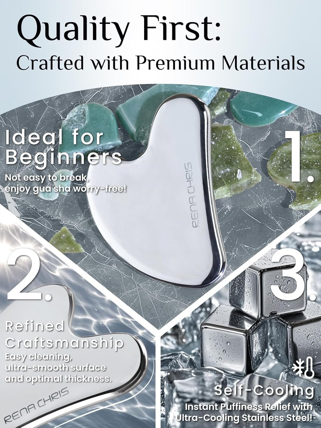 Rena Chris Gua Sha Facial Tool, Stainless Steel Gua Sha Board for SPA Acupuncture, Metal Gua Sha for Body Face Neck and Eye, Skin Care Gift for Woman - Image 3