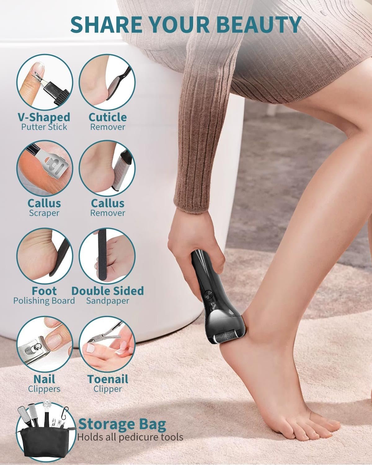 15 in 1 Electric Foot File for Hard Skin, Rechargeable Foot Callus Remover with 3 Roller Heads, LED Display & 3 Speed, Foot Care Kit with Storage Bag for Dry Dead Skin Cracked Heels Calluses - Image 8