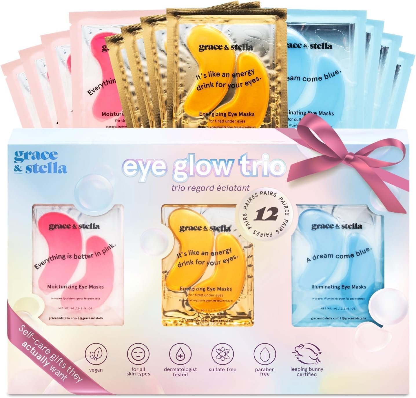 grace & stella Trio Under Eye Gel Patches Birthday Gifts for Women (12 Pairs, 3 Colours) - Pamper Gifts for Women - Gifts for Her for Dark Circles & Puffy Eyes - Vegan & Cruelty Free Gifts for Mum
