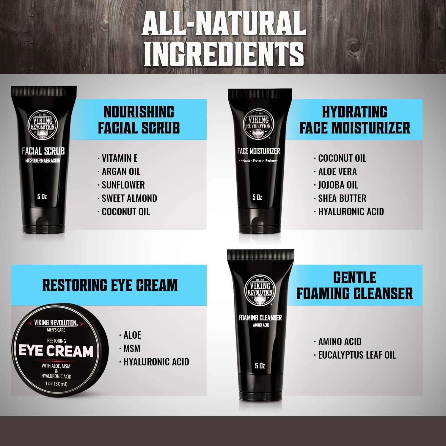 Viking Revolution - Mens Skincare Kit - Includes (148ml Each) Mens Face Moisturiser, Mens Face Wash, Mens Face Scrub and Mens Eye Cream (30ml) - Mens Skincare Gift Set - Gifts For Men - Image 5
