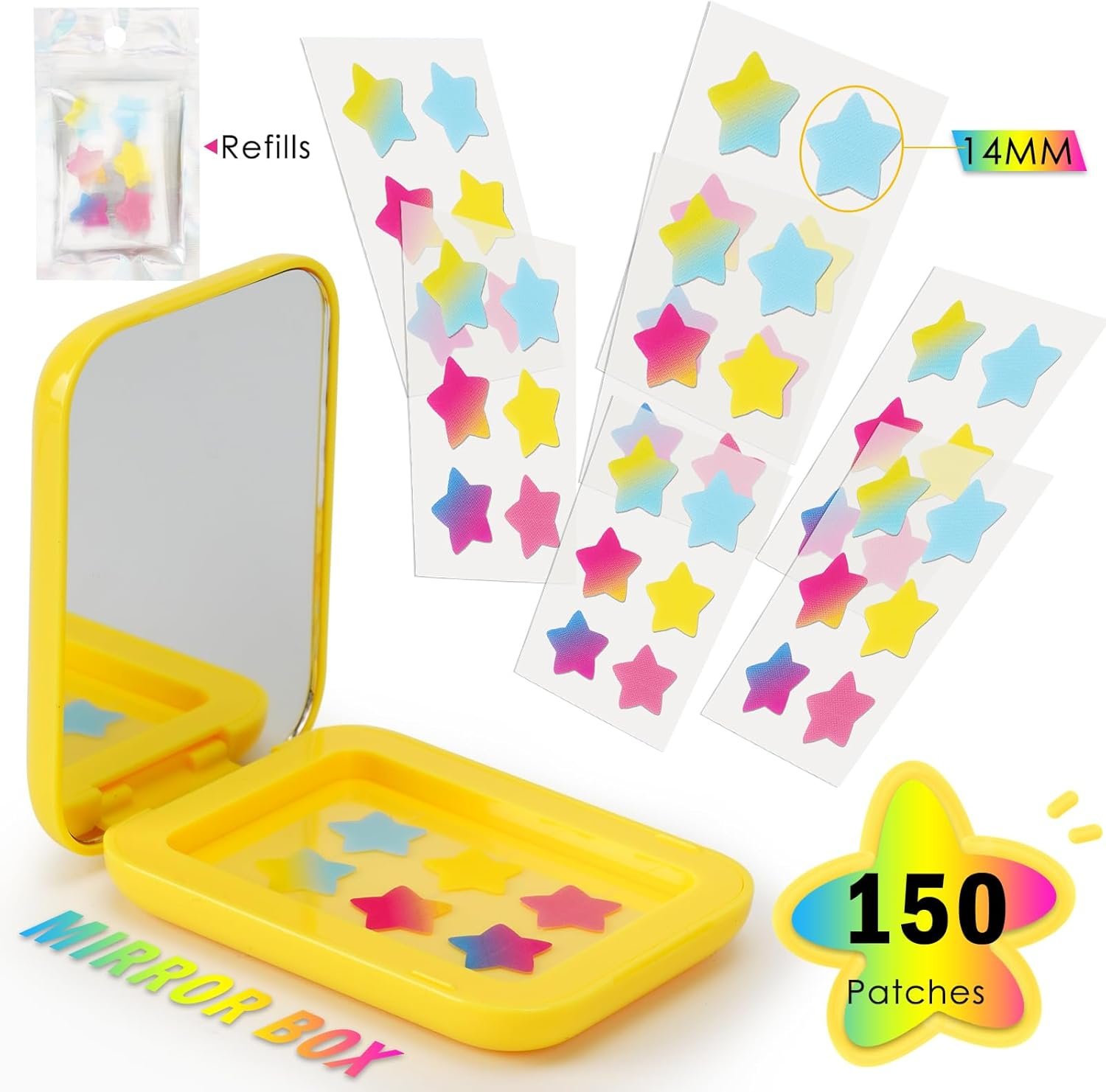 AUSLKA Star Pimple Patches - 150 Count - Hydrocolloid Patches,Cute Star Shape,Star Patches 6 Colors,Spot Stickers For Face And Skin,Portable Mirror - Image 6
