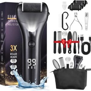 15 in 1 Electric Foot File for Hard Skin, Rechargeable Foot Callus Remover with 3 Roller Heads, LED Display & 3 Speed, Foot Care Kit with Storage Bag for Dry Dead Skin Cracked Heels Calluses
