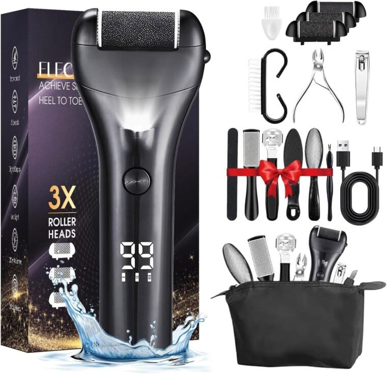 15 in 1 Electric Foot File for Hard Skin, Rechargeable Foot Callus Remover with 3 Roller Heads, LED Display & 3 Speed, Foot Care Kit with Storage Bag for Dry Dead Skin Cracked Heels Calluses
