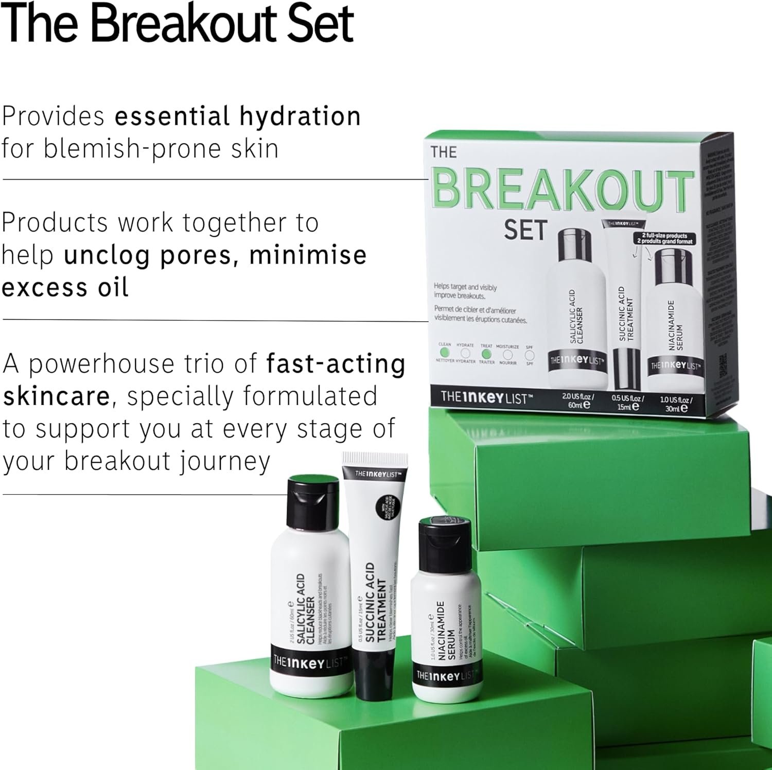 The INKEY List Breakout Set, Salicylic Acid Cleanser, Niacinamide Serum & Succinic Acid Treatment, Nourishing Skincare Set, Targets Breakouts, Suitable For Blemish Prone Skin - Image 2