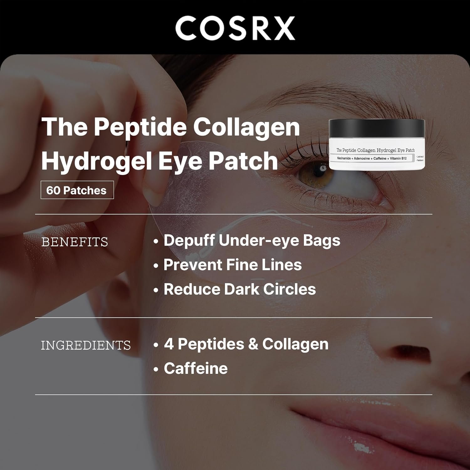 COSRX Peptide Collagen Hydrogel Eye Patches with Caffeine for Puffy Eyes, Dark Circles, Eye Bags, Wrinkles and Fine Lines, Firming and Depuffing Under Eye Masks, Korean Skincare 60 Patches - Image 7