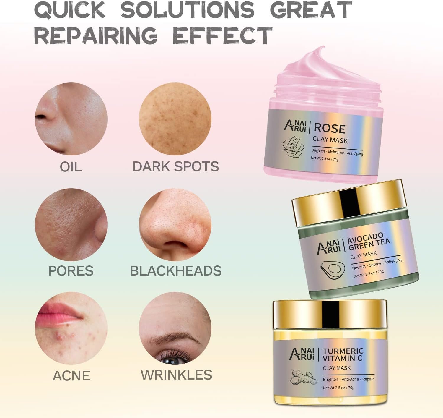 ANAiRUi Clay Mask Set for Skin Care - included Turmeric Vitamin C + Rose + Avocado Green Tea Face Mask - Deep Cleansing, Hydrating, and Nourishing - For Women and Men, 210g - Image 7