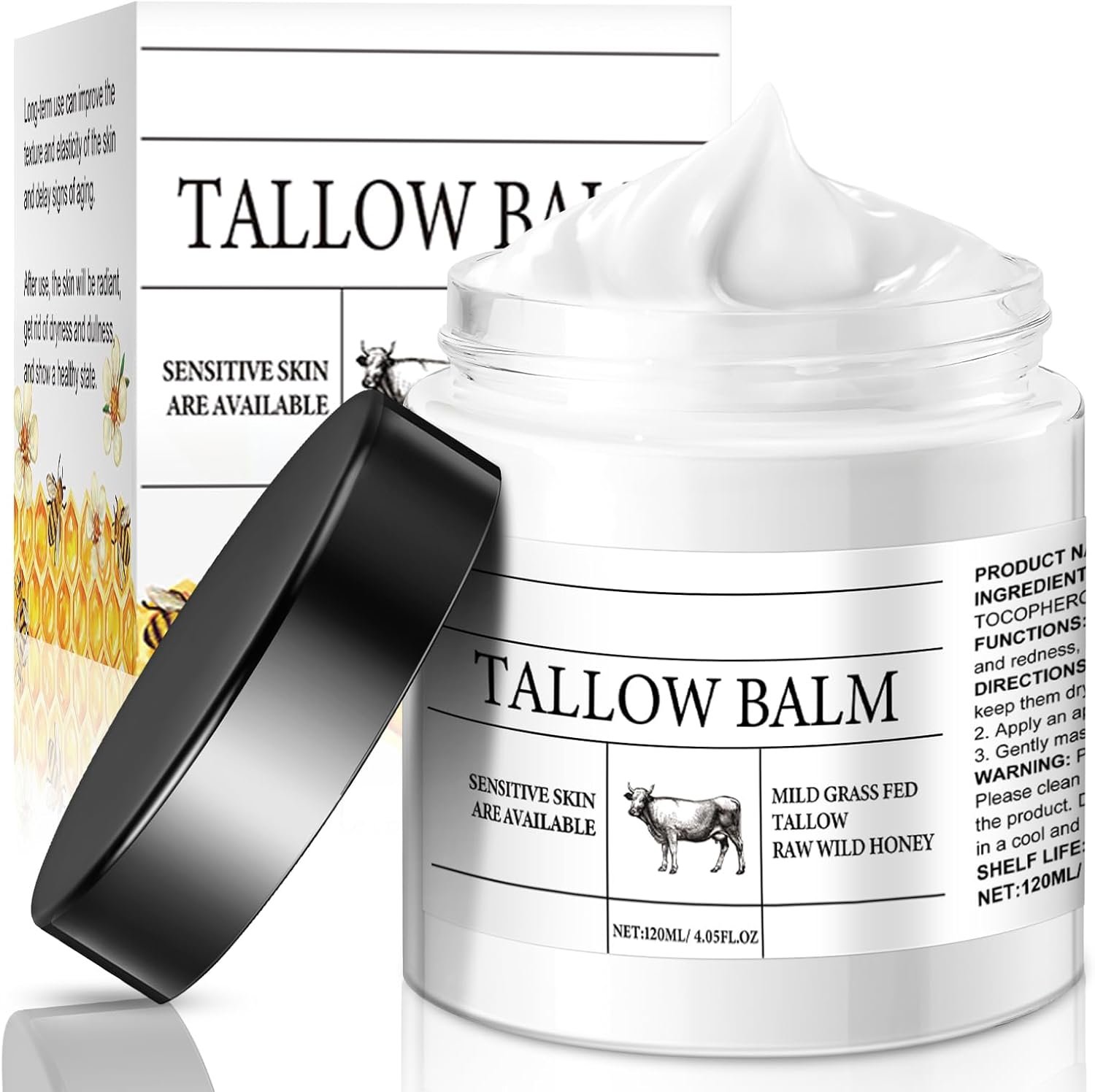 Beef Tallow Skin Care 120g, Tallow Face Cream Grass-Fed Tallow And Honey Balm Natural Beef Tallow Honey Balm, Deeply Nourishing For Face & Body, Natural Skin Care (White, 1PC)