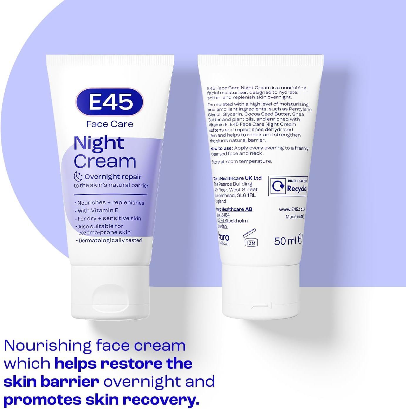 E45 Face Night Cream - Nourishing Night Moisturiser to Restore Skin Barrier – For Sensitive Skin & Eczema Prone Skin - Regenerative & Firming Night Cream - Perfume Free - Dermatologist Approved - 50ml - Image 2