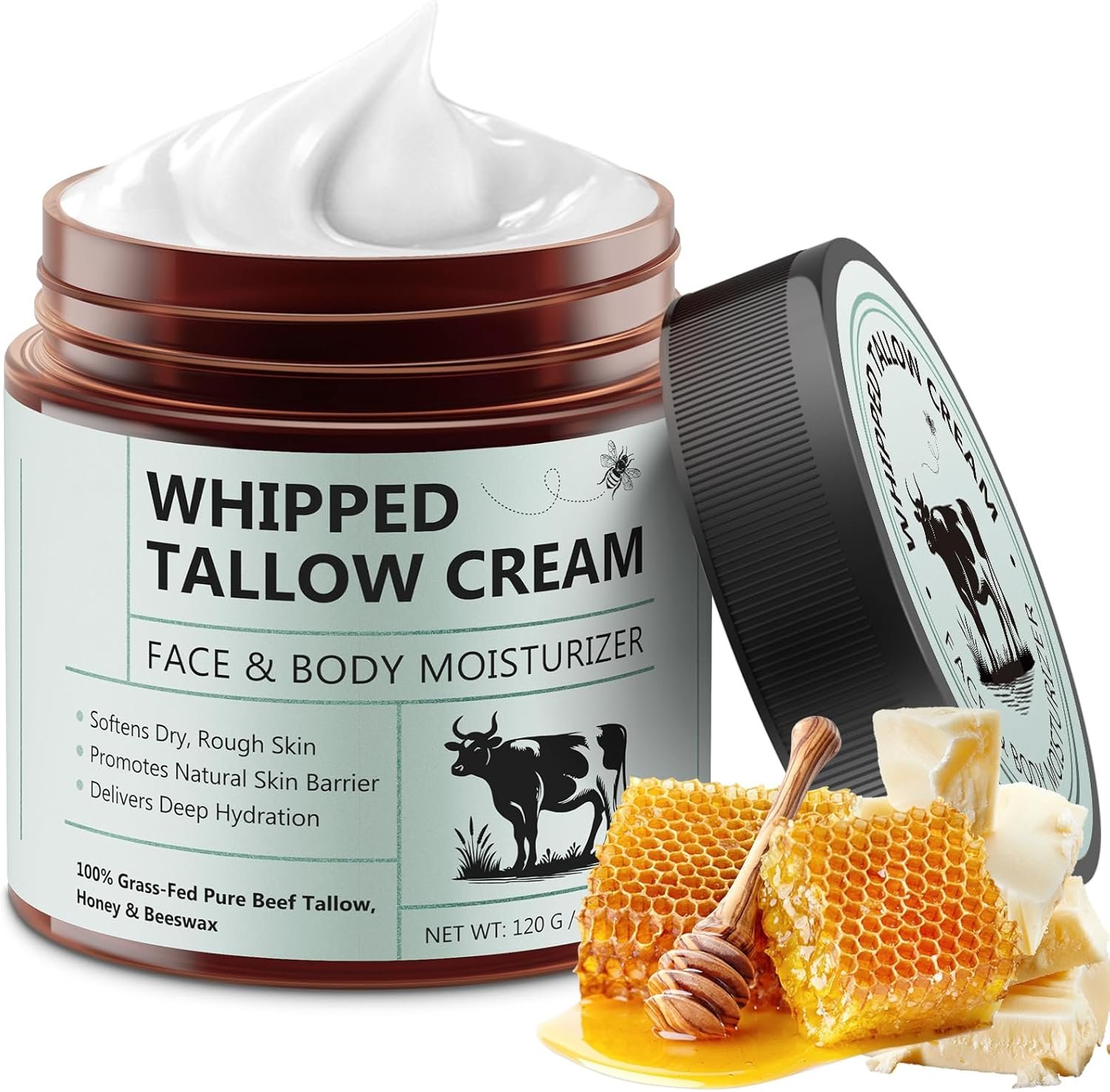 Whipped Beef Tallow Balm, Organic Beef Tallow for Skin, 100% Grass Fed Whipped Beef Tallow with Honey, Beef Tallow Skin Care for Face Long-Lasting Moisturizer Body Lotion Skin Care for Sensitive Skin