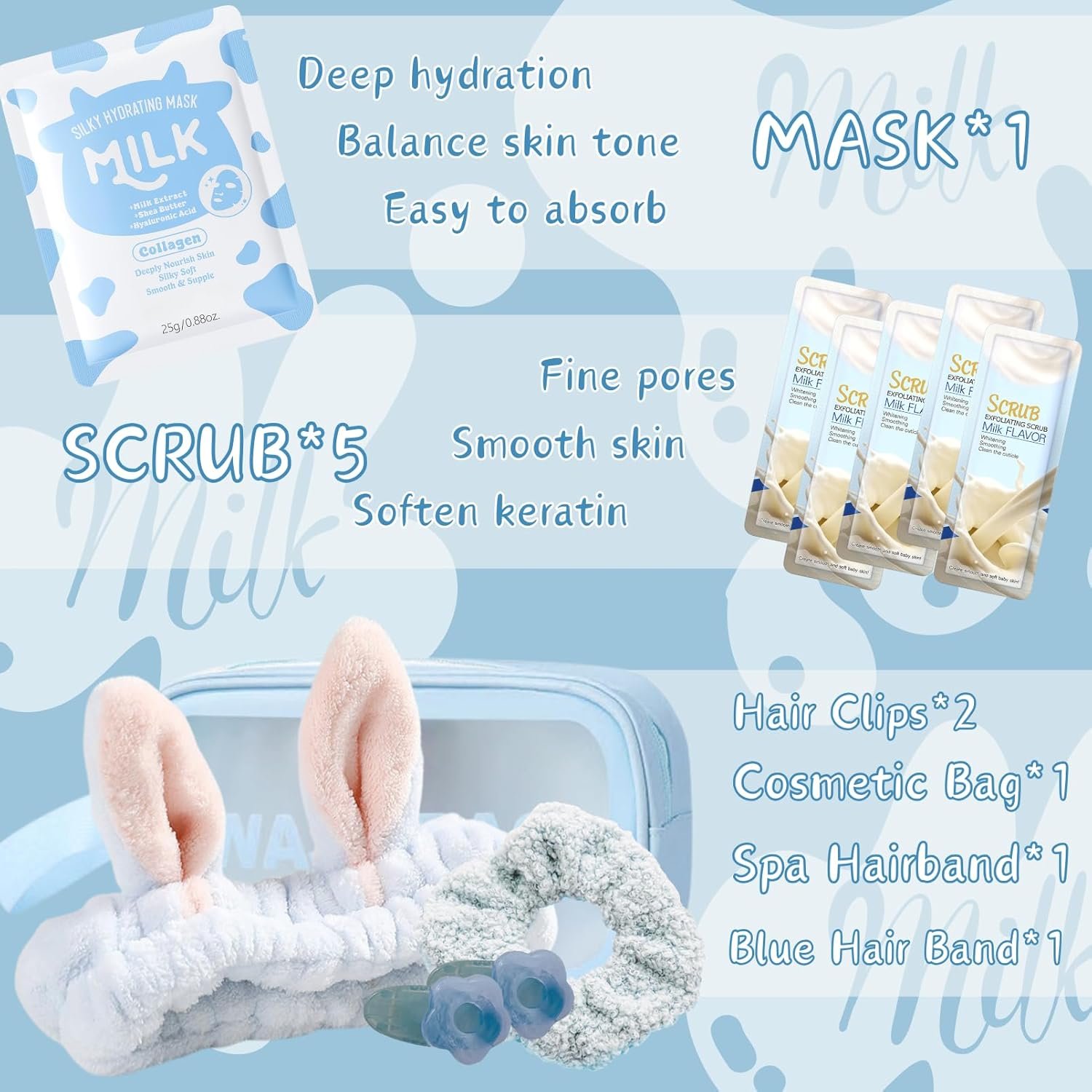 Milk Beauty Gift Sets for Teenage Girls - Milk Skin Care Sets & Kits - Facial Kits for Women with Cleanser,Serum,Cream,Eye Cream,Mask,Scrub,4pcs hair Accessories - Hydrating,Nourish (15pcs) - Image 5