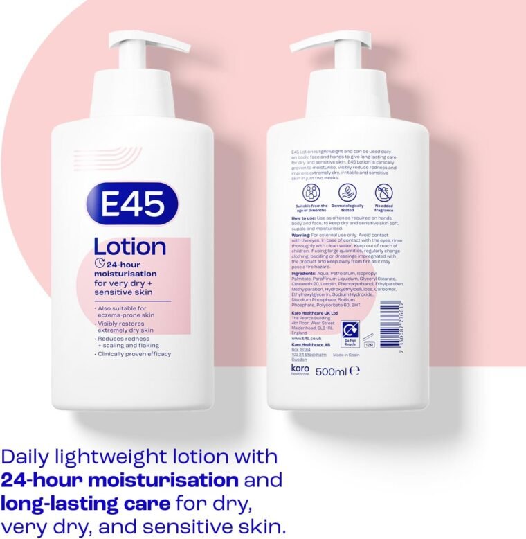 E45 Moisturising Lotion 500 ml for Dry & Sensitive Skin - Long-Lasting Hydration Protect from Dryness, Reduce Redness - Dermatological Body Moisturiser Lotion - Body Lotion - Daily Moisturiser - Image 2