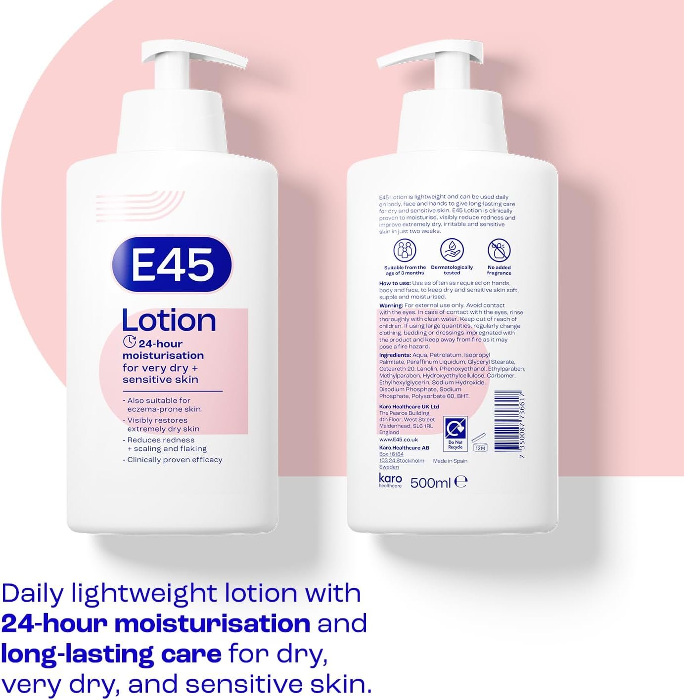 E45 Moisturising Lotion 500 ml for Dry & Sensitive Skin - Long-Lasting Hydration Protect from Dryness, Reduce Redness - Dermatological Body Moisturiser Lotion - Body Lotion - Daily Moisturiser - Image 2