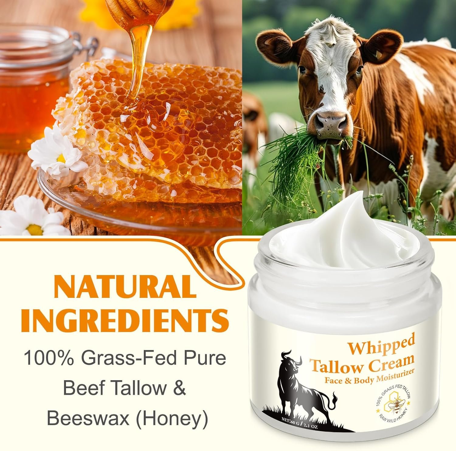Beef Tallow Skin Care - Tallow and Honey Balm - 100% Grass-Fed Beef Tallow, Honey & Beeswax, Deep Hydration for Dry & Aging Skin, Natural Skin Barrier, Nourishing Moisturizer - Image 7