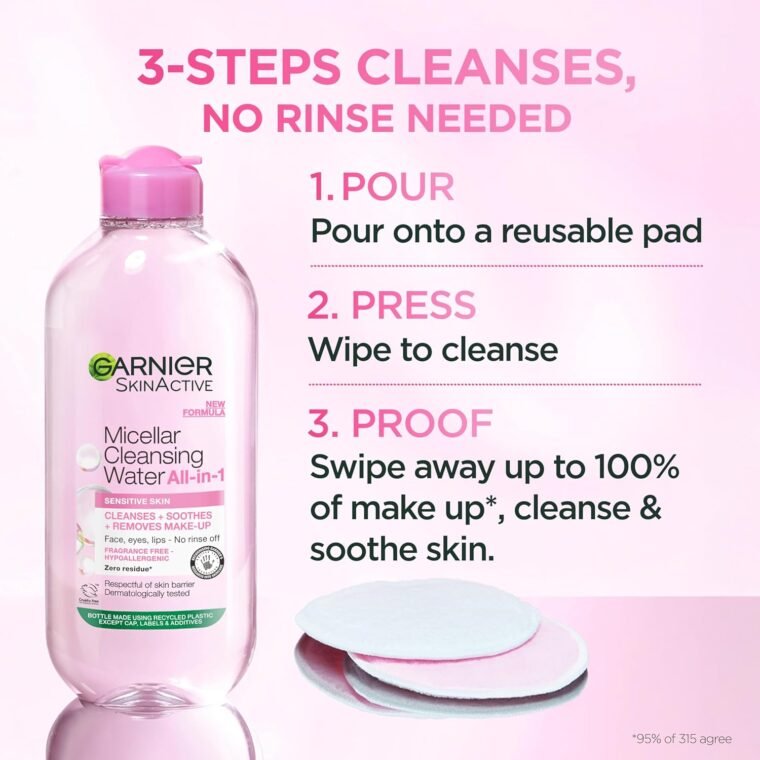 Garnier Micellar Cleansing Water, Gentle face Cleanser & Makeup Remover, Fragrance-Free, Vegan Formula, Suitable For All Skin Types, Even Sensitive, Skin Active, 700ml - Image 7