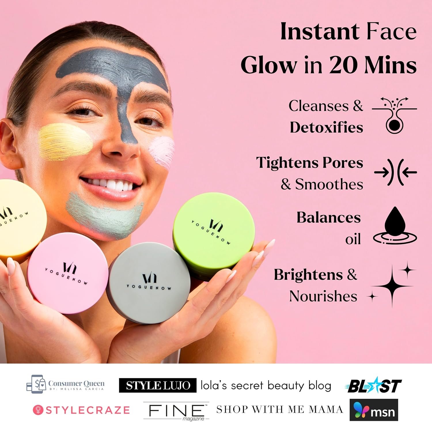 VogueNow Clay Mask Gift Pack of 4 Jars (400g) With Cute Headband & Brush | Premium Clay Face Mask | Turmeric Vitamin C, Green Tea, Rose, Dead Sea Mud For Face | Spa Gift set for Women - Image 2