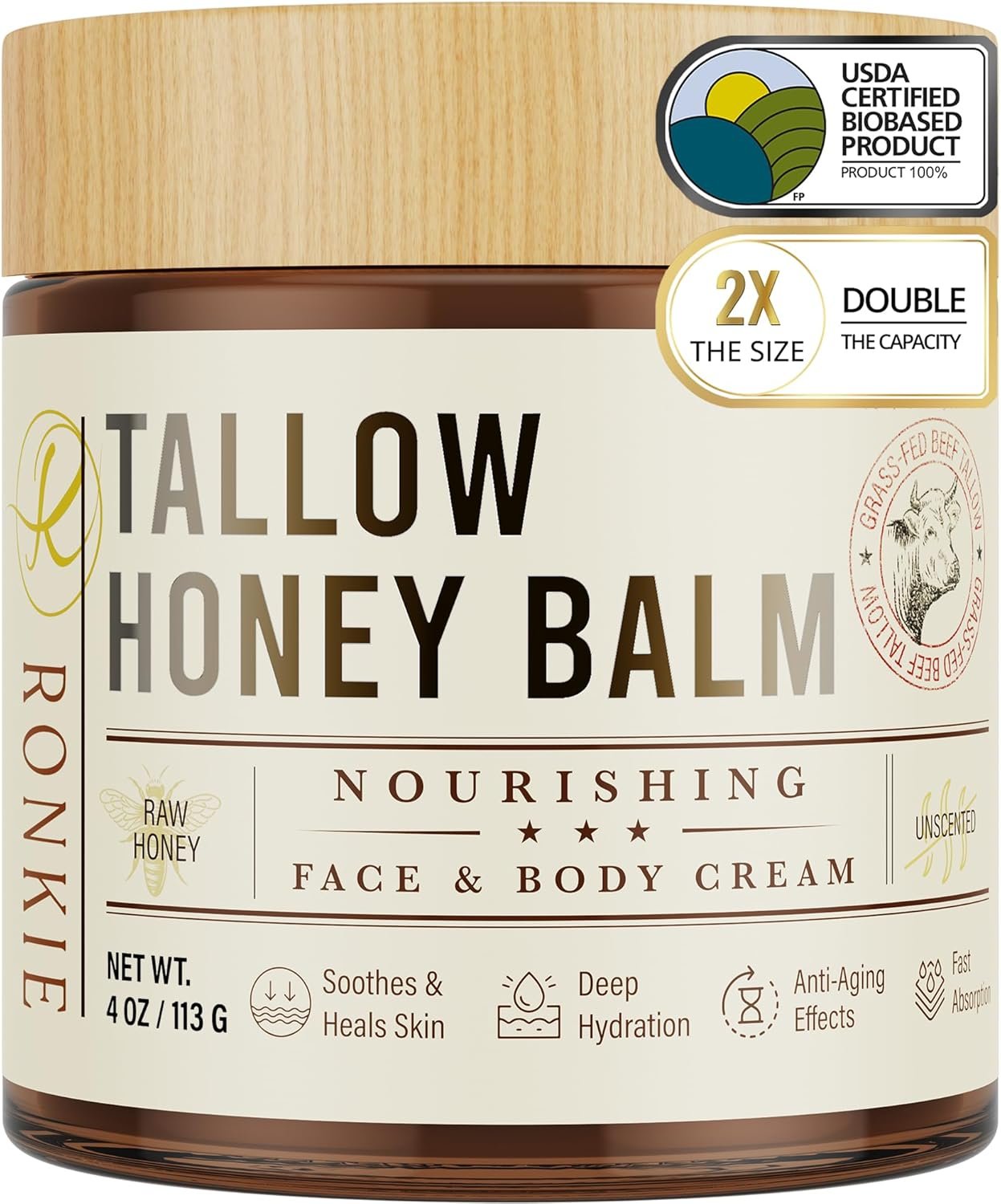 Beef Tallow Skincare Moisturizer for Face: 100% Grass-Fed Beef Tallow and Raw Honey Balm - 4oz Unscented Natural Tallow Face Cream Soft Smooth for Dry Skin and Eczema