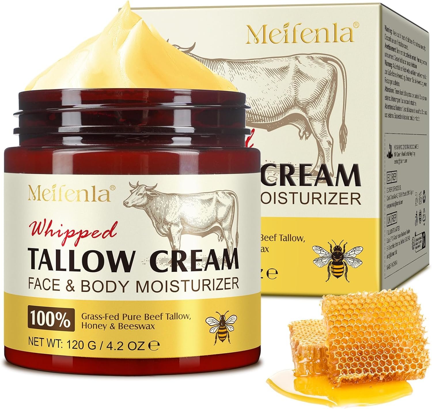 Beef Tallow Skin Care, Beef Tallow and Honey Cream 120g, Beef Tallow Moisturizer, Natural Organic Grass - Fed Whipped Beef Tallow and Honey Balm - Deeply Moisturizing for Face & Body, Softens Dry
