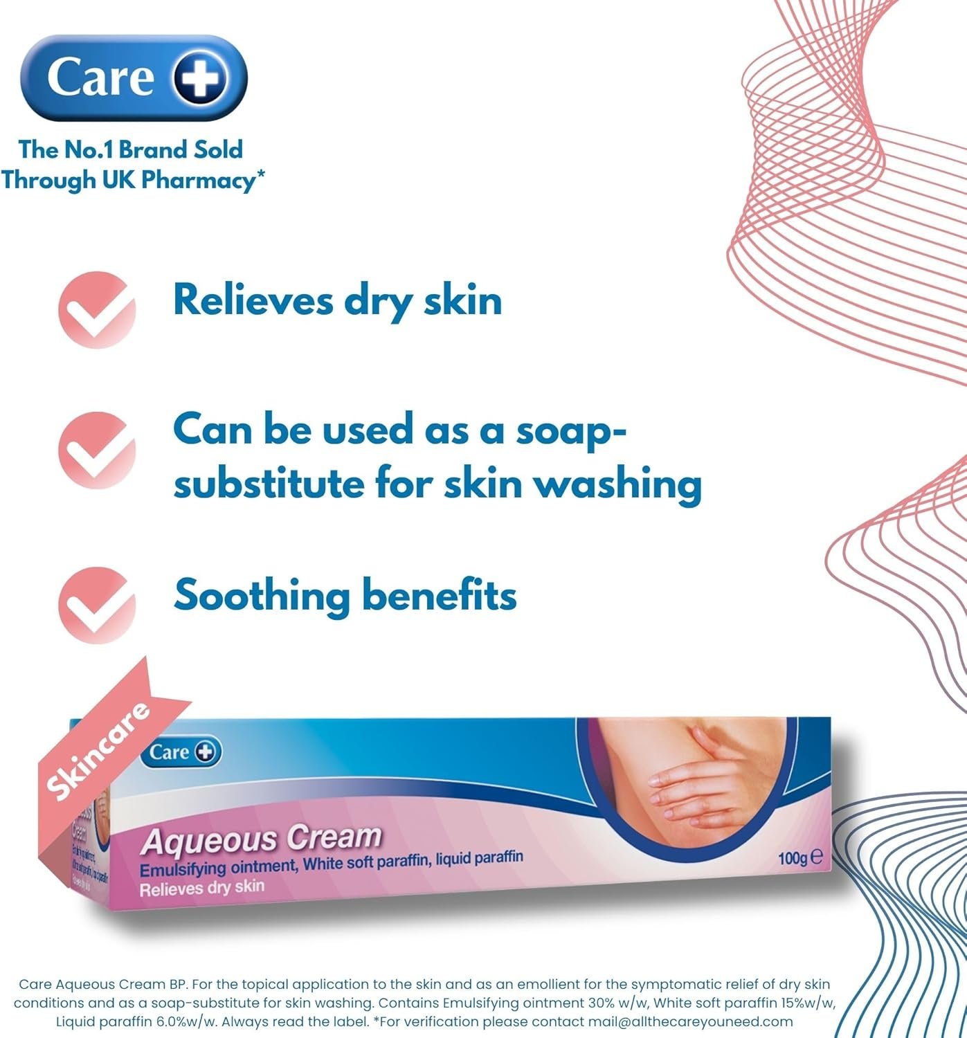 Care Aqueous Cream, Soothes, Softens and Moisturises, Relieves Symptoms of Dry Skin, 30% Emulsifying Ointment, Soap-Substitute for Washing, Non-Greasy, 100g Cream - Image 2