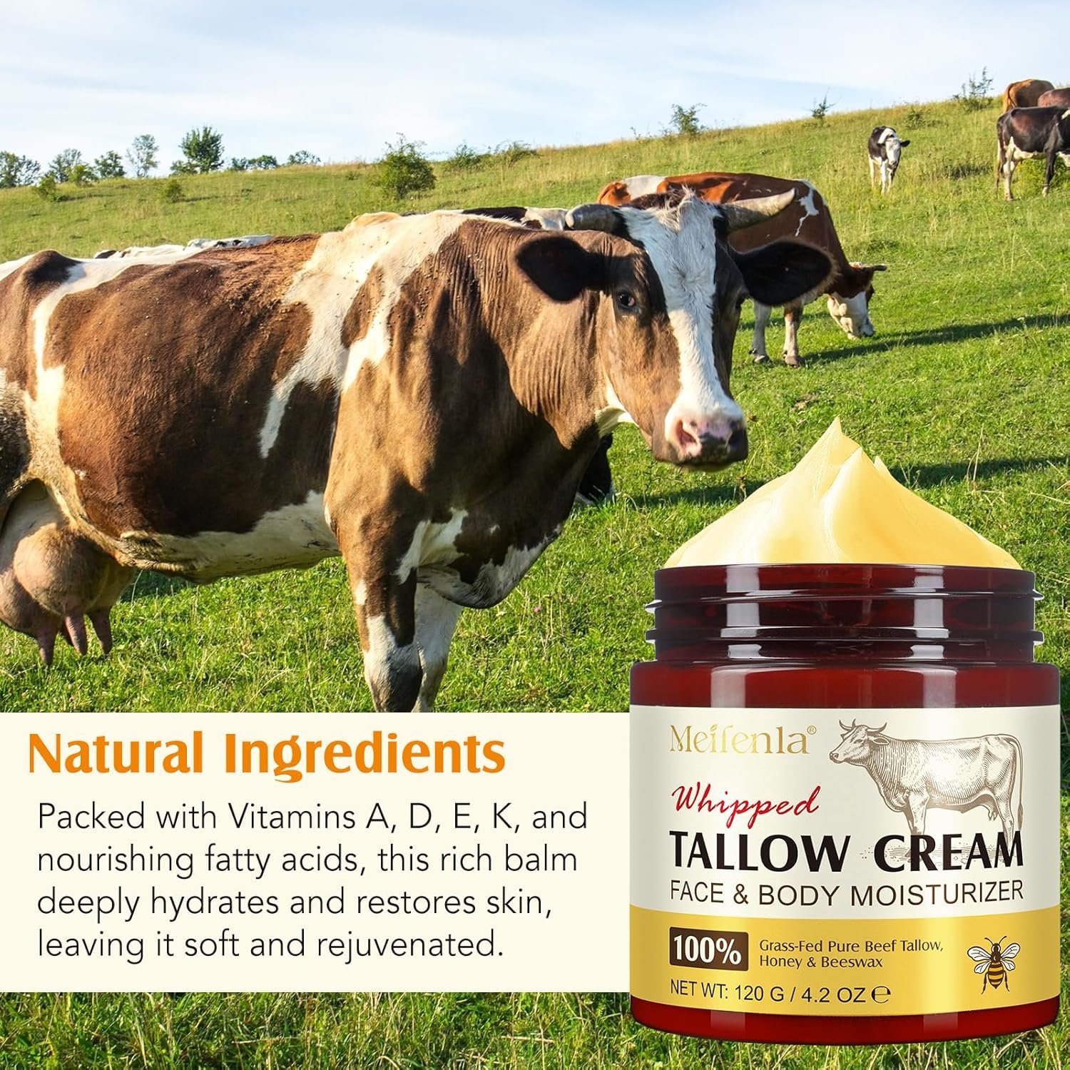 Beef Tallow Skin Care, Beef Tallow and Honey Cream 120g, Beef Tallow Moisturizer, Natural Organic Grass - Fed Whipped Beef Tallow and Honey Balm - Deeply Moisturizing for Face & Body, Softens Dry - Image 2
