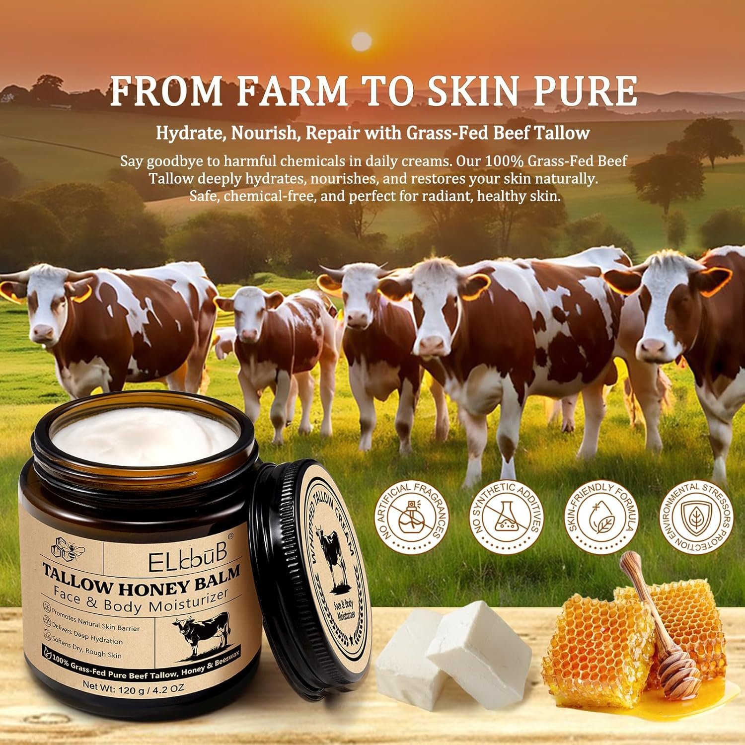 120g beef tallow, beef tallow skin care, Tallow and Honey Cream, Natural Tallow Face Moisturizer, Organic Hydrating Beef Tallow Balm Deeply Moisturizing for Face & Body Skin Care. - Image 5