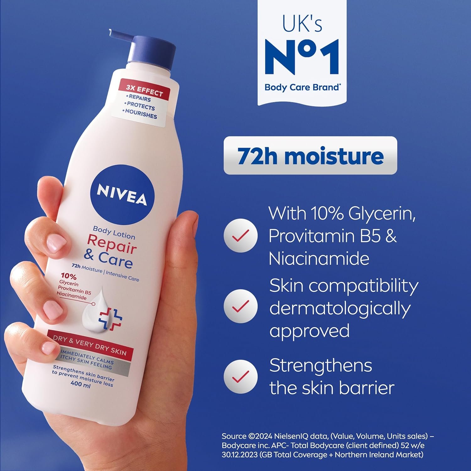 NIVEA Body Repair & Care (400 ml), 72H Moisture Body Lotion with Strengthening Formula, Skin Barrier Strengthening Moisturising Cream, Body Lotion for Dry Skin, With Niacinamide and Glycerin - Image 2