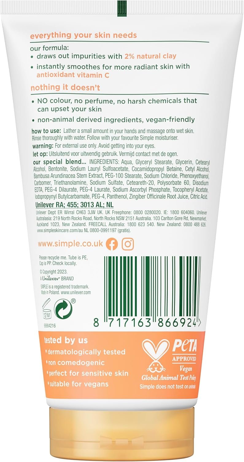 Simple Protect 'N' Glow Express Glow Clay Polish Cleanser leaves skin naturally glowing for expert facial skin care 150 ml - Image 2