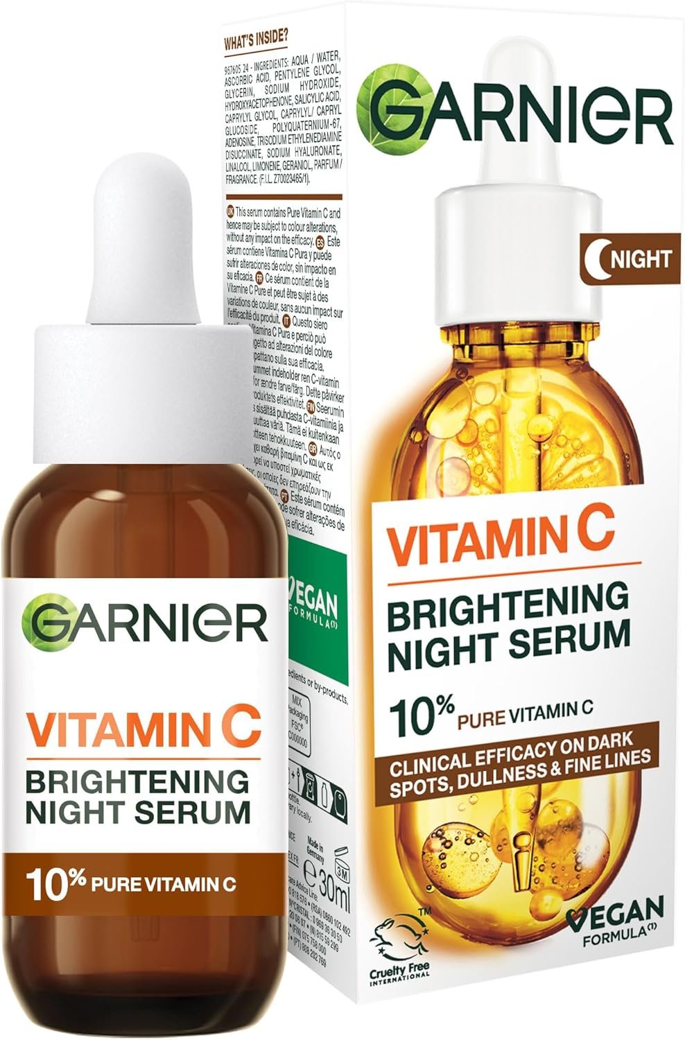 Garnier Targeted Anti Dark Spot Night Serum for Face, with 10% Pure Vitamin C & Hyaluronic Acid, Anti Pigmentation & Dullness, For All Skin Types, Approved by Cruelty Free International, Vegan, 30 ml