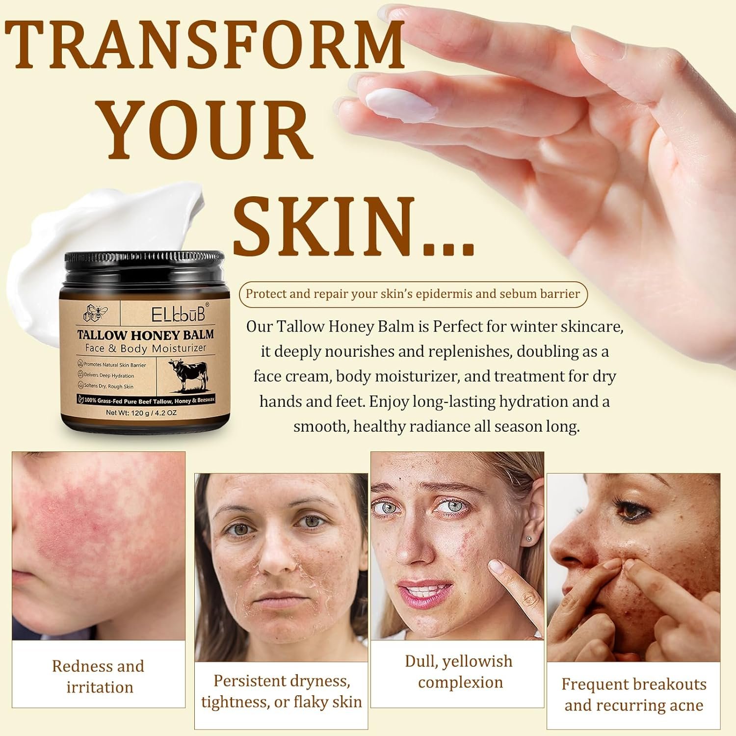 120g beef tallow, beef tallow skin care, Tallow and Honey Cream, Natural Tallow Face Moisturizer, Organic Hydrating Beef Tallow Balm Deeply Moisturizing for Face & Body Skin Care. - Image 3