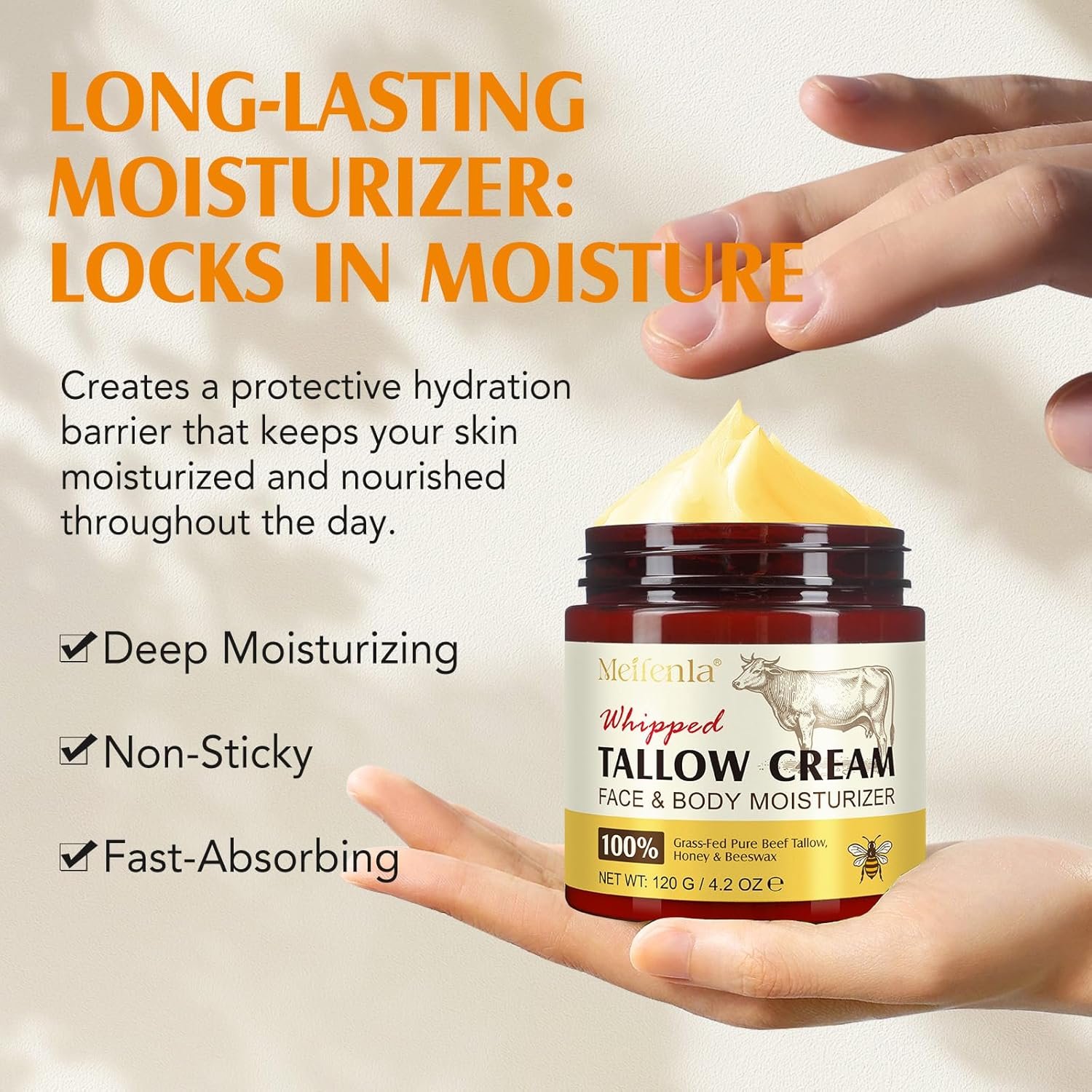 Whipped Beef Tallow Skin Care - Tallow Face Cream - Beef Tallow Moisturiser,Tallow and Honey Balm,Deeply Nourishing for Face & Body 120g - Image 2