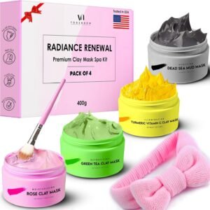 VogueNow Clay Mask Gift Pack of 4 Jars (400g) With Cute Headband & Brush | Premium Clay Face Mask | Turmeric Vitamin C, Green Tea, Rose, Dead Sea Mud For Face | Spa Gift set for Women