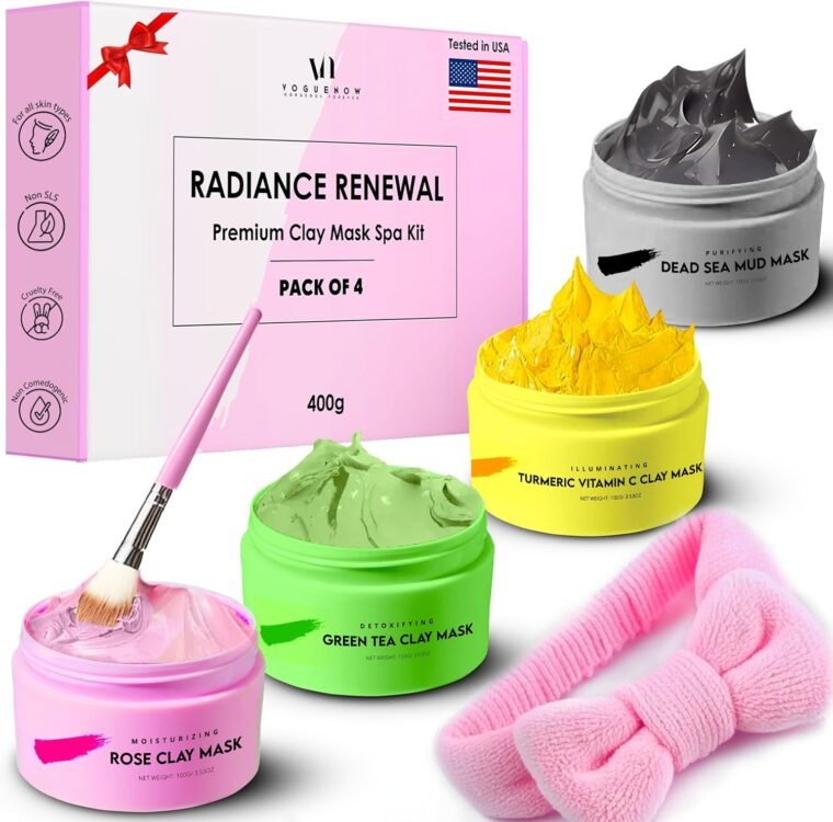 VogueNow Clay Mask Gift Pack of 4 Jars (400g) With Cute Headband & Brush | Premium Clay Face Mask | Turmeric Vitamin C, Green Tea, Rose, Dead Sea Mud For Face | Spa Gift set for Women