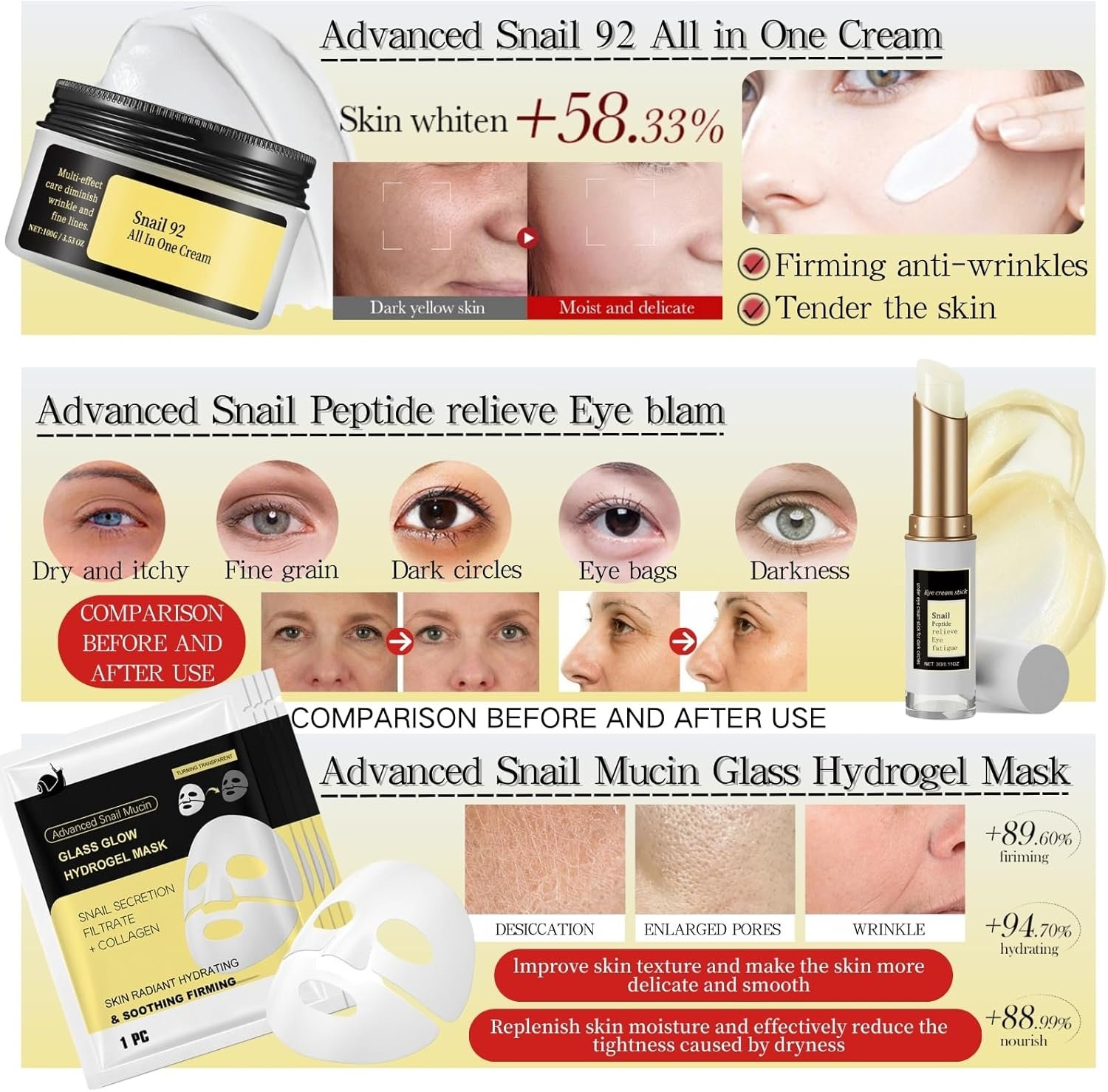9PCS Snail Mucin Serum Skin Care Set - Mothers Day Gifts - Korean Skincare Set for Teenage Girls - Pamper Sets for Women With Snail Mucin Moisturiser & Hydrogel Eye Patches & Collagen Face Mask - Image 5