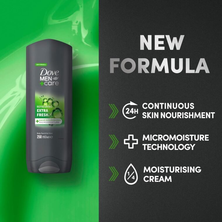 Dove Men+Care Refreshing Extra Fresh 3-in-1 Hair, Body and Face Wash Body Cleanser shower gel with 24 hour nourishing MicroMoisture technology for healthy and smooth skin all day 250 ml - Image 3