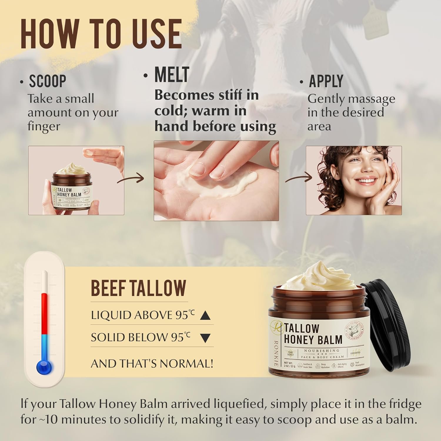 Beef Tallow Skincare Moisturizer for Face: 100% Grass-Fed Beef Tallow and Raw Honey Balm - 4oz Unscented Natural Tallow Face Cream Soft Smooth for Dry Skin and Eczema - Image 7