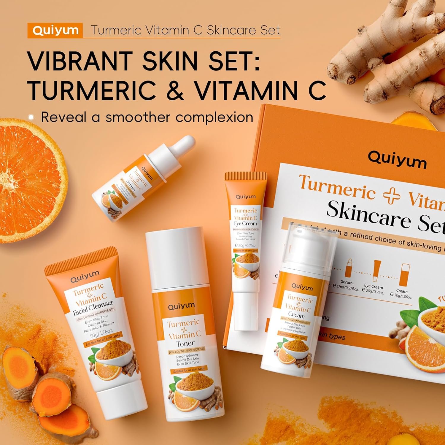 Quiyum Turmeric Vitamin C Skincare Set, Face Skin Care Sets & Kits Facial Cleanser,Toner,Serum,Eye Cream,Face Cream, Pamper Gift Set for Women Teenage Girls Mom Birthday, Travel Kit for All Skin Types - Image 2
