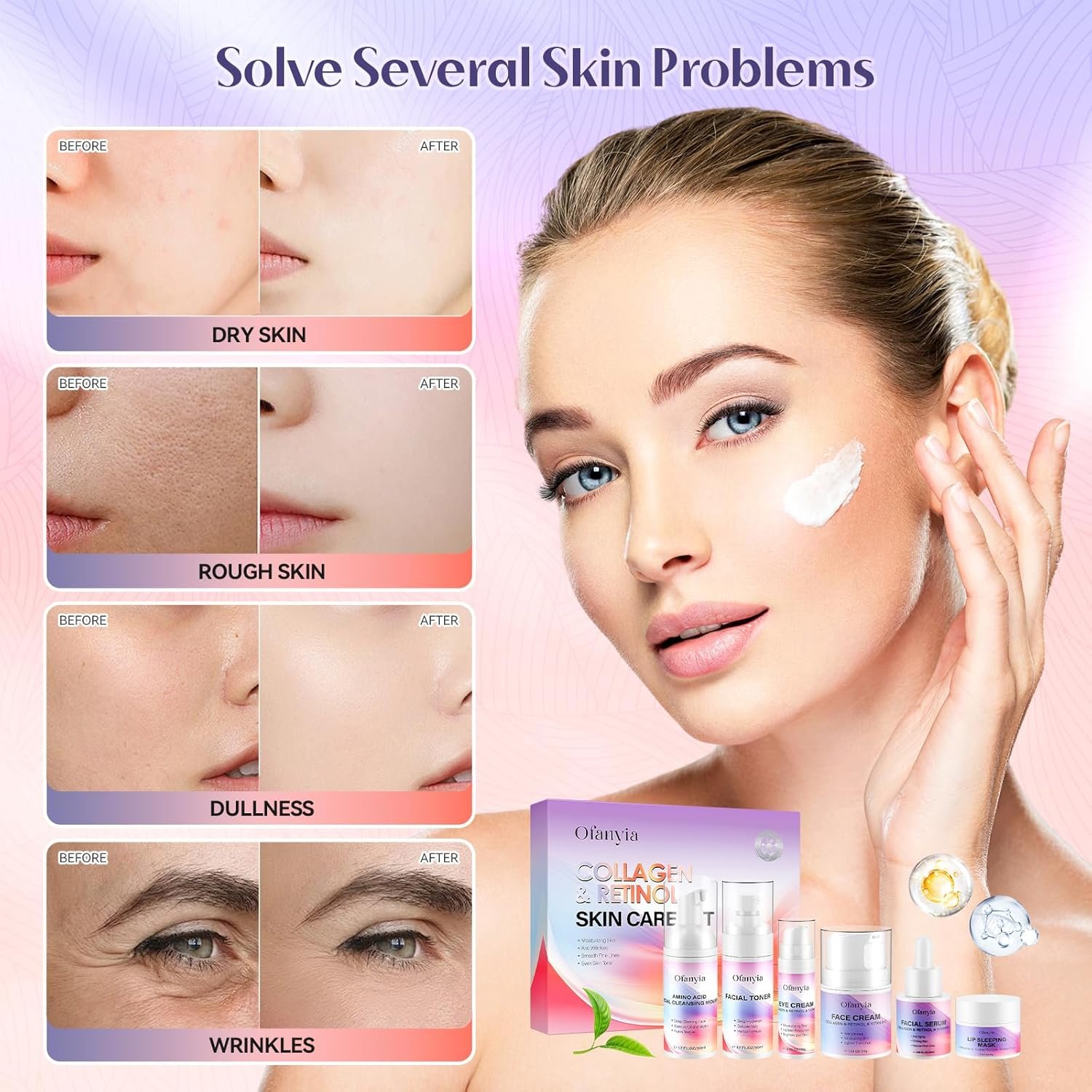 Ofanyia Collagen & Retinol Skin Care Set, 6 In 1 Skincare Gift Set with Facial Cleanser, Toner, Serum, Cream, Eye Cream & Lip Mask, Anti-Aging Travel Size Skin Care Set - Image 3